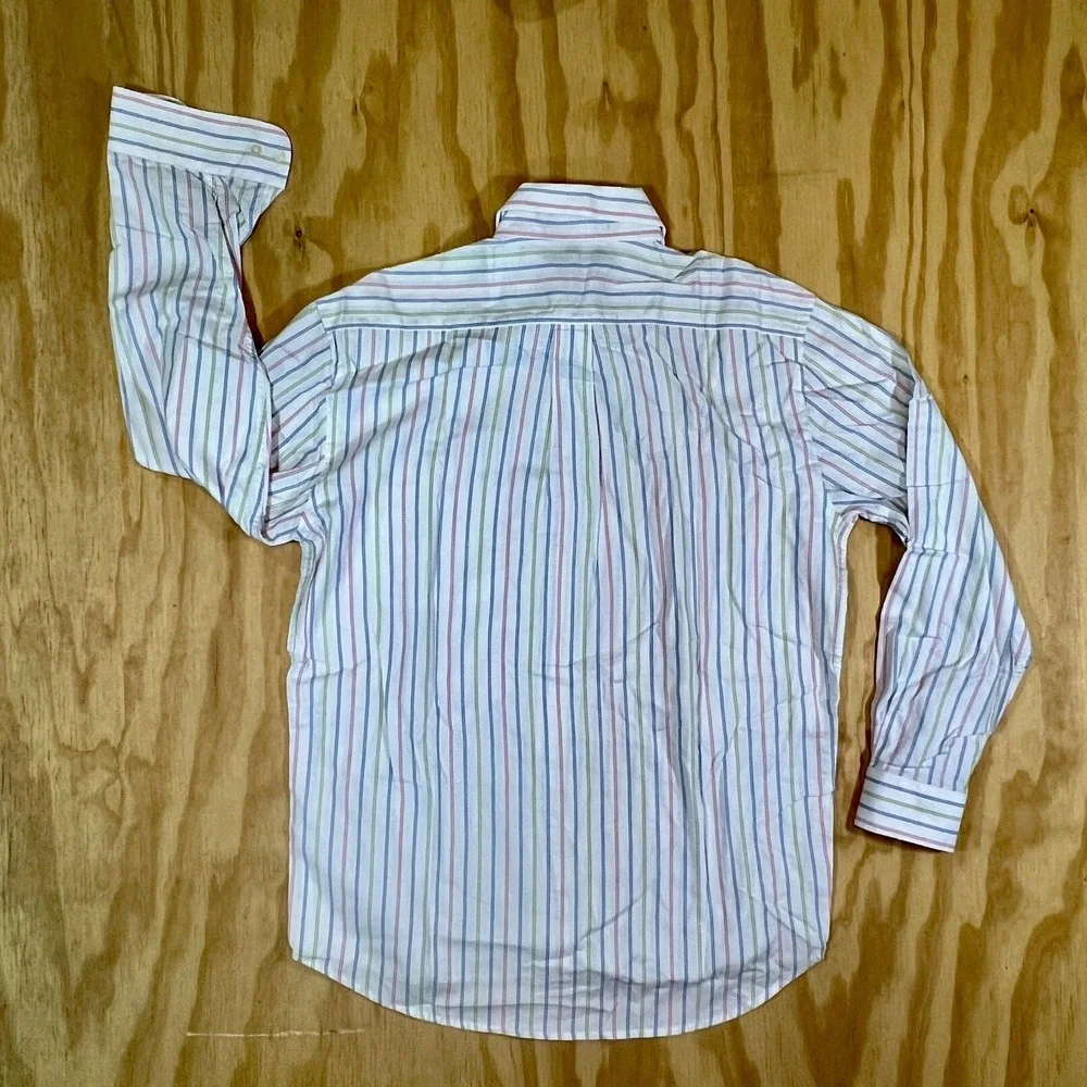 VTG Alan‎ Flusser Long Sleeve Button-Down Shirt White Pastel Stripes Mens Large